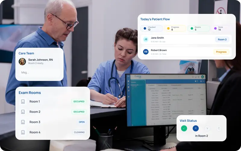 eCareAssist in-office check-in tablet with rooming, vitals, and provider notification workflow
