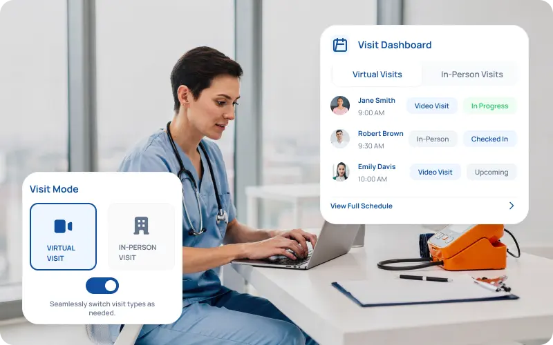eCareAssist HIPAA-compliant telehealth video visit with one-click patient join
