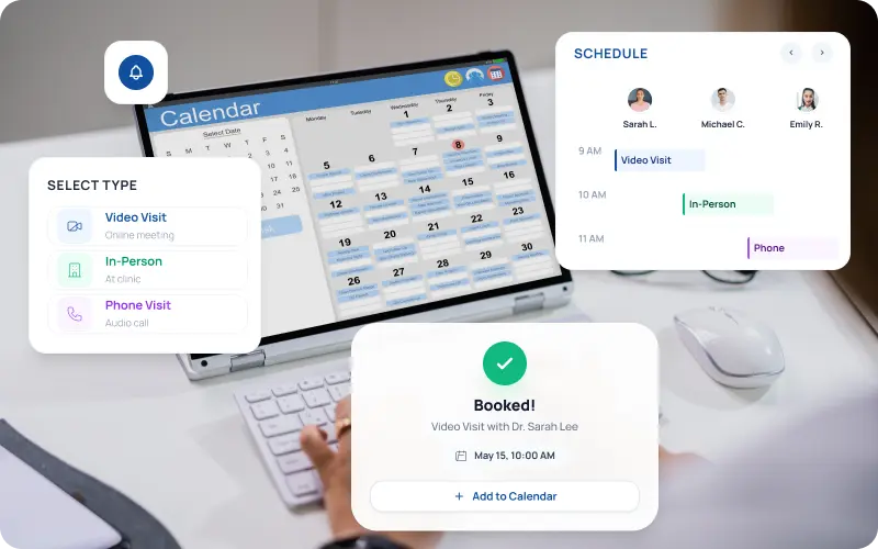eCareAssist hybrid scheduling calendar showing virtual and in-person appointments in one view